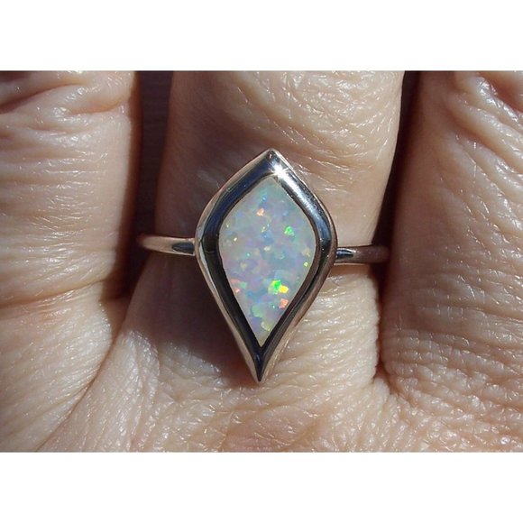925 STERLING SILVER Lab Created Mystic Shape White Opal Ring - Picture 11 of 16